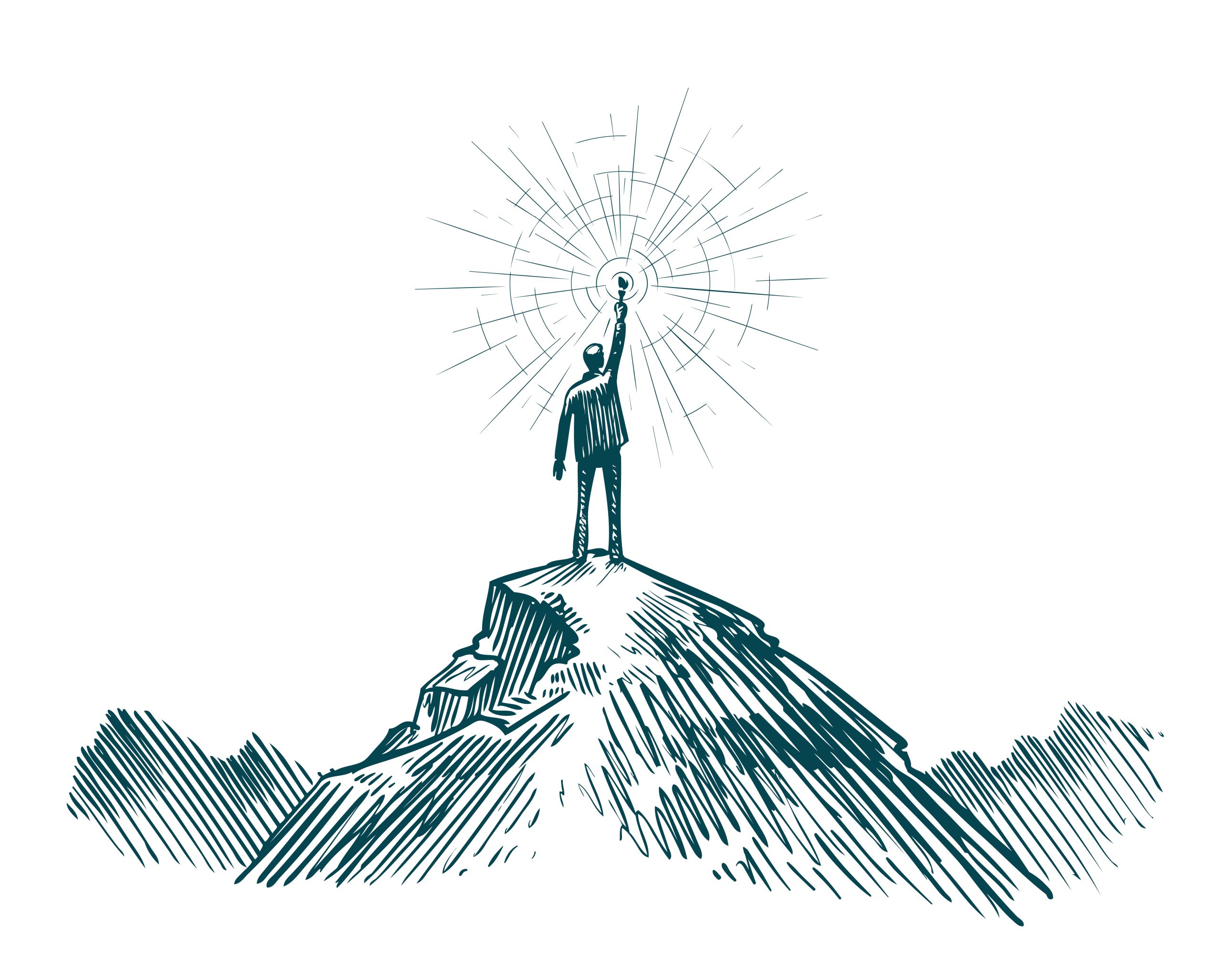 Man,Stands,On,Top,Of,Mountain,With,Torch,In,Hand.